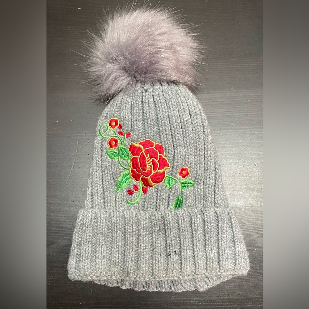 Winter Pom-Pom Hat with Floral Embroidery *Like New*. Size Womens OS